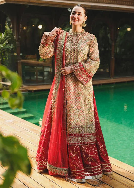 Luxury Golden Floral Embroidered Pakistani Wedding Dress Kameez Sharara