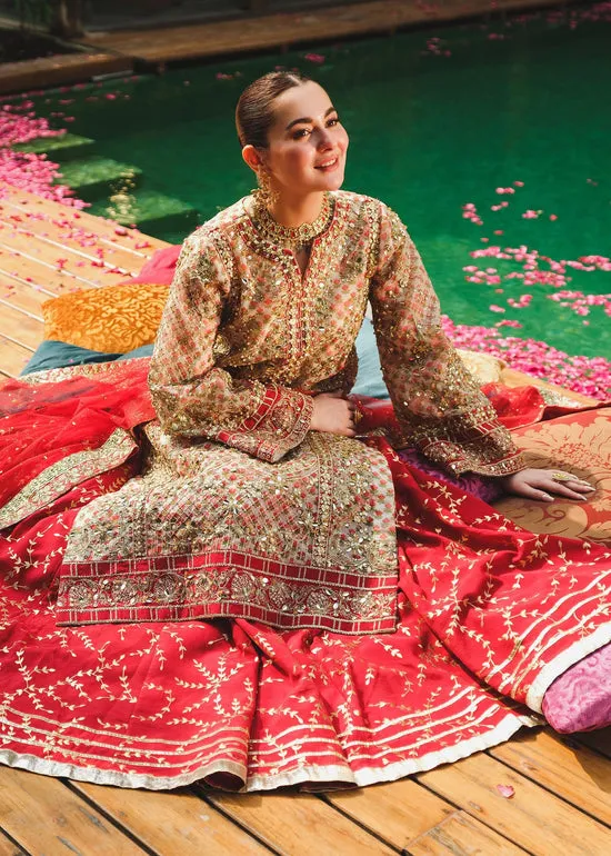 Luxury Golden Floral Embroidered Pakistani Wedding Dress Kameez Sharara
