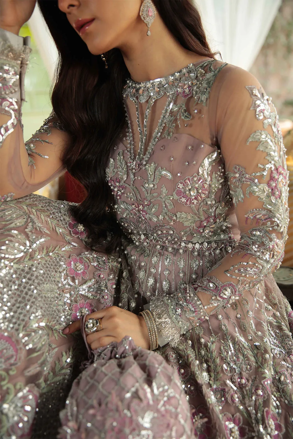 Luxury Lilac Embroidered Pakistani Wedding Dress Net Pishwas Style