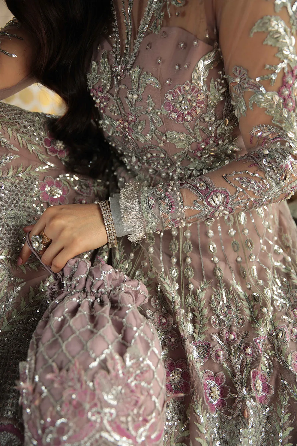 Luxury Lilac Embroidered Pakistani Wedding Dress Net Pishwas Style