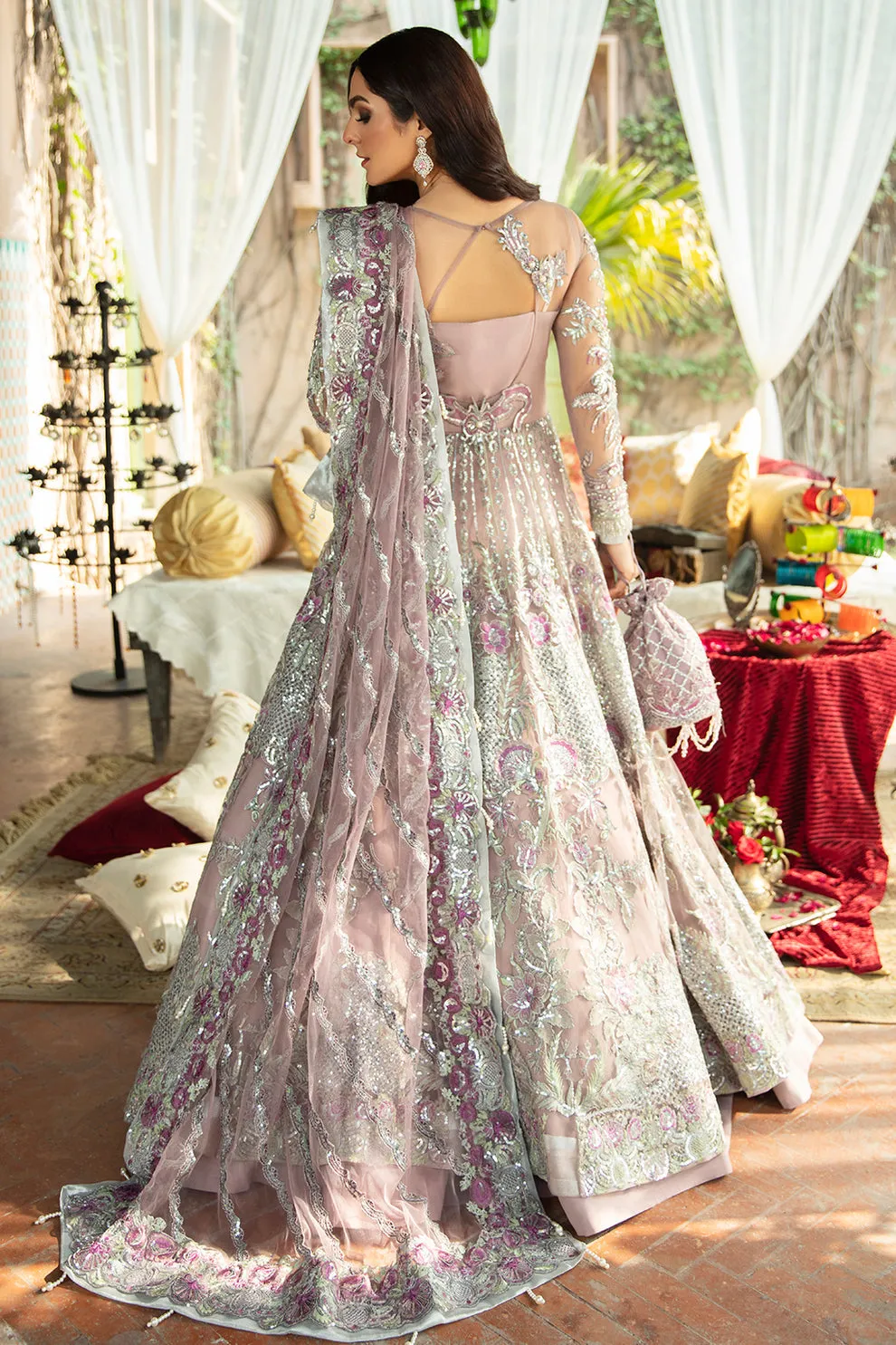 Luxury Lilac Embroidered Pakistani Wedding Dress Net Pishwas Style