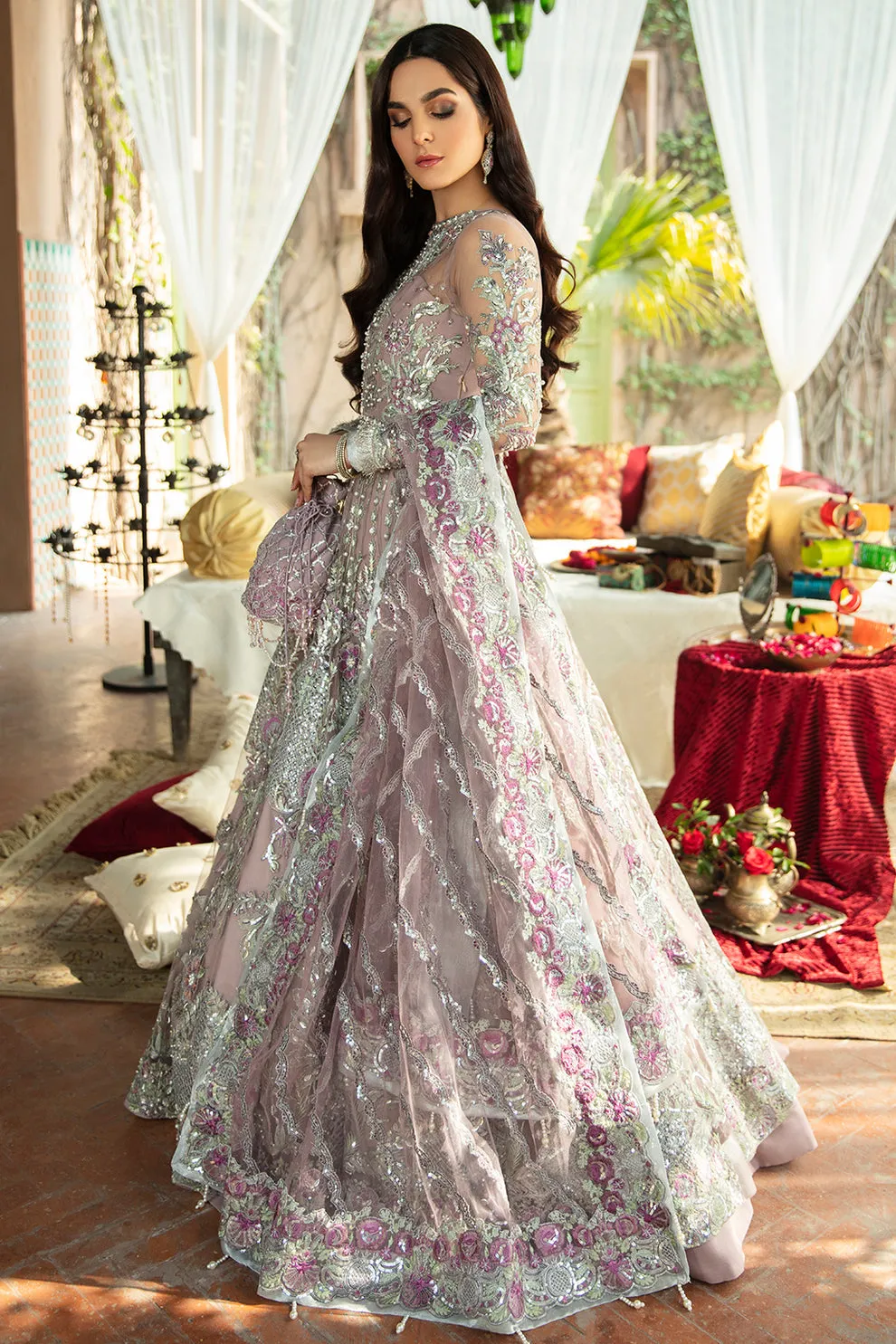 Luxury Lilac Embroidered Pakistani Wedding Dress Net Pishwas Style
