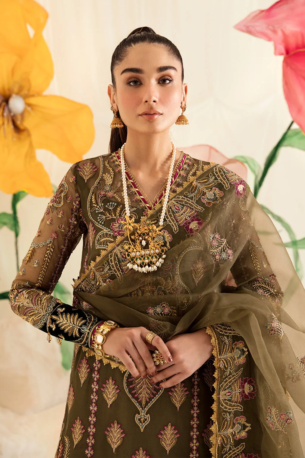 Luxury Mehndi Green Gown Style Embroidered Pakistani Wedding Dress