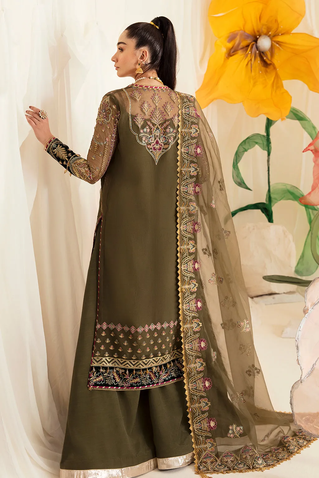 Luxury Mehndi Green Gown Style Embroidered Pakistani Wedding Dress