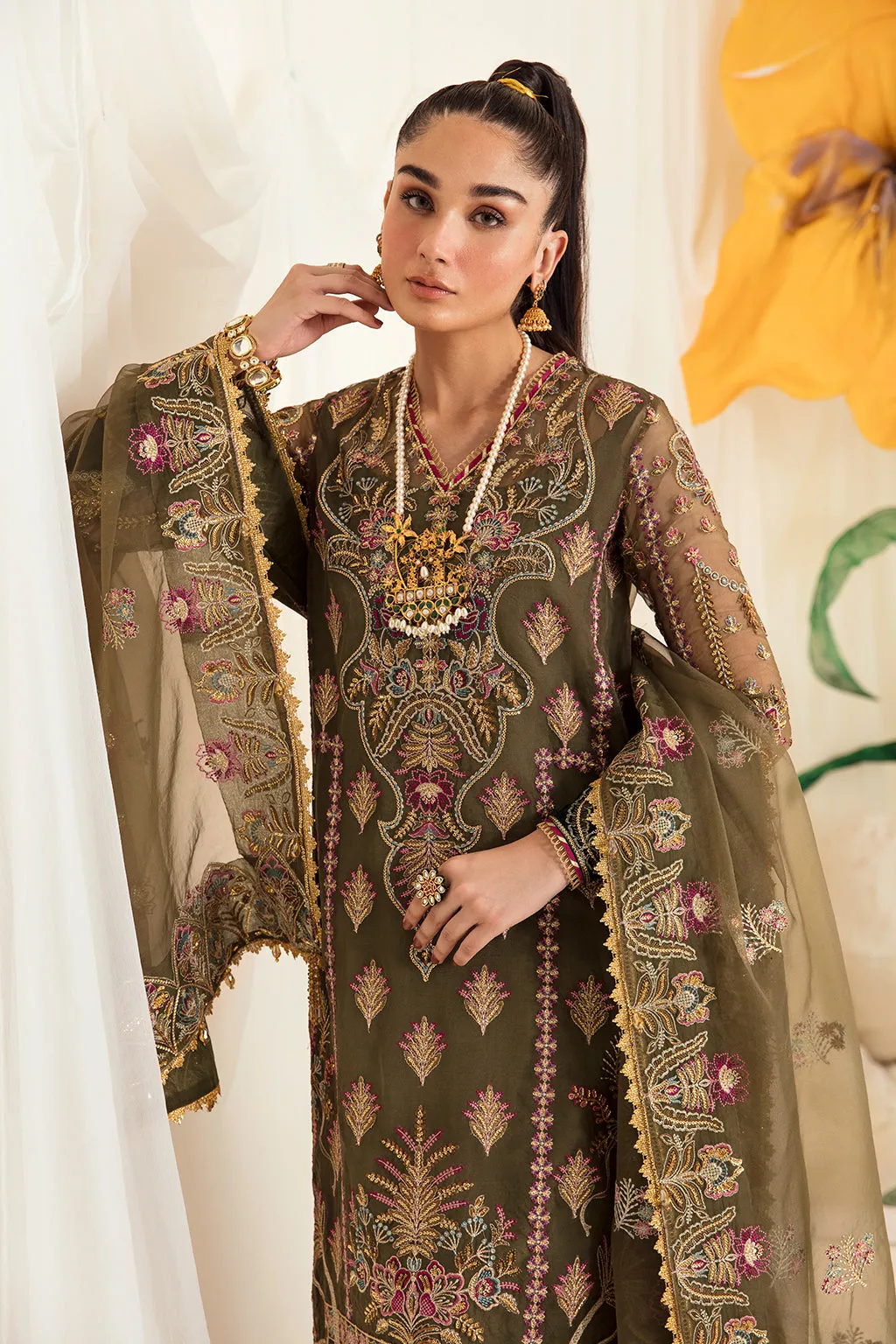 Luxury Mehndi Green Gown Style Embroidered Pakistani Wedding Dress