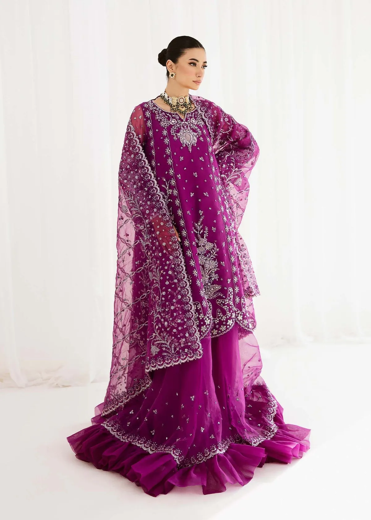 Luxury Purple Embroidered Pakistani Wedding Dress in Sharara Style