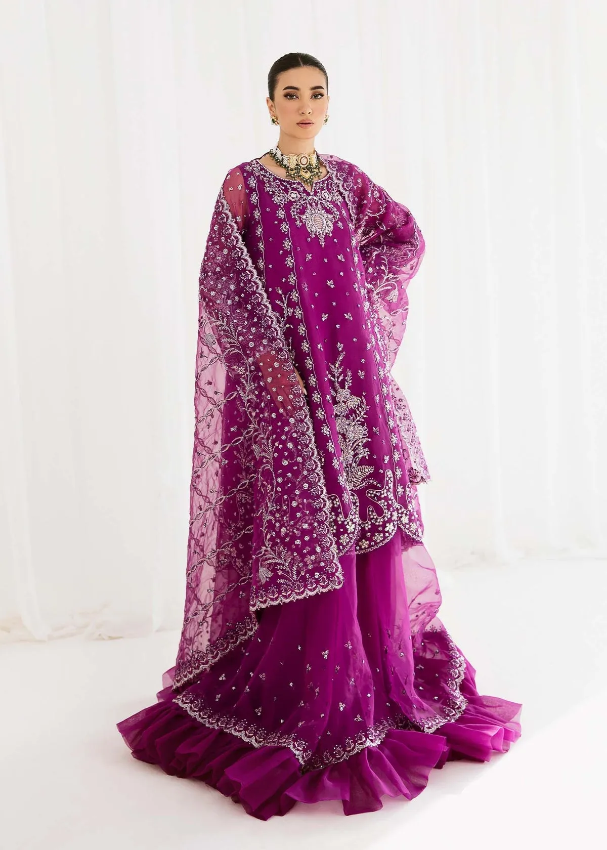 Luxury Purple Embroidered Pakistani Wedding Dress in Sharara Style