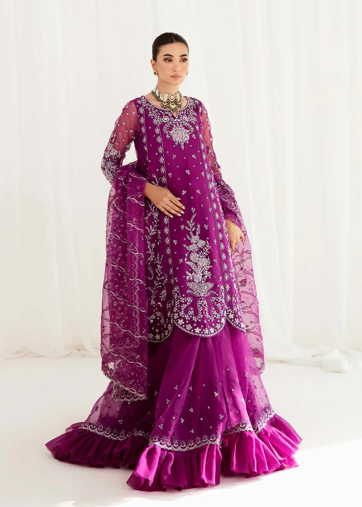 Luxury Purple Embroidered Pakistani Wedding Dress in Sharara Style