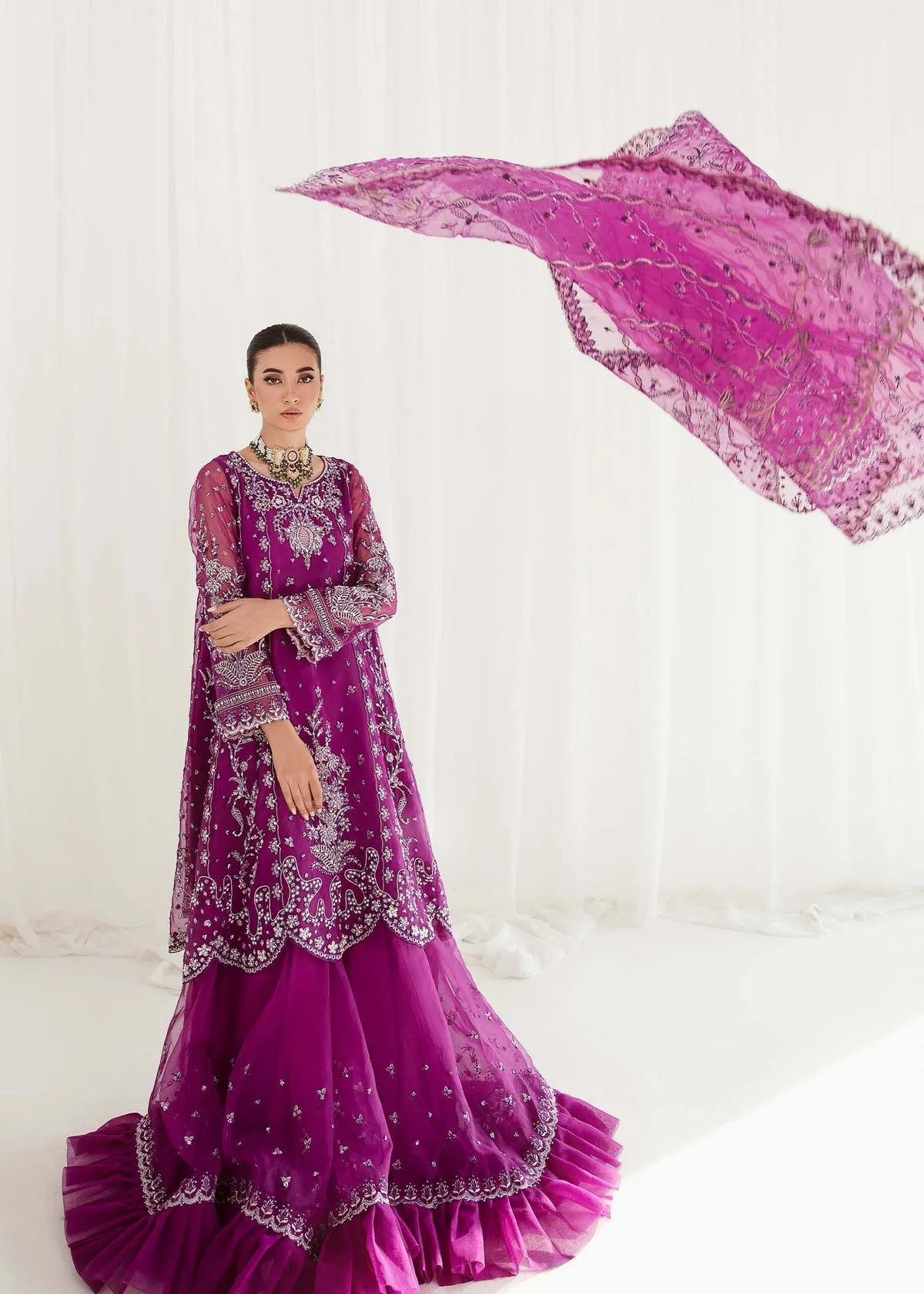 Luxury Purple Embroidered Pakistani Wedding Dress in Sharara Style