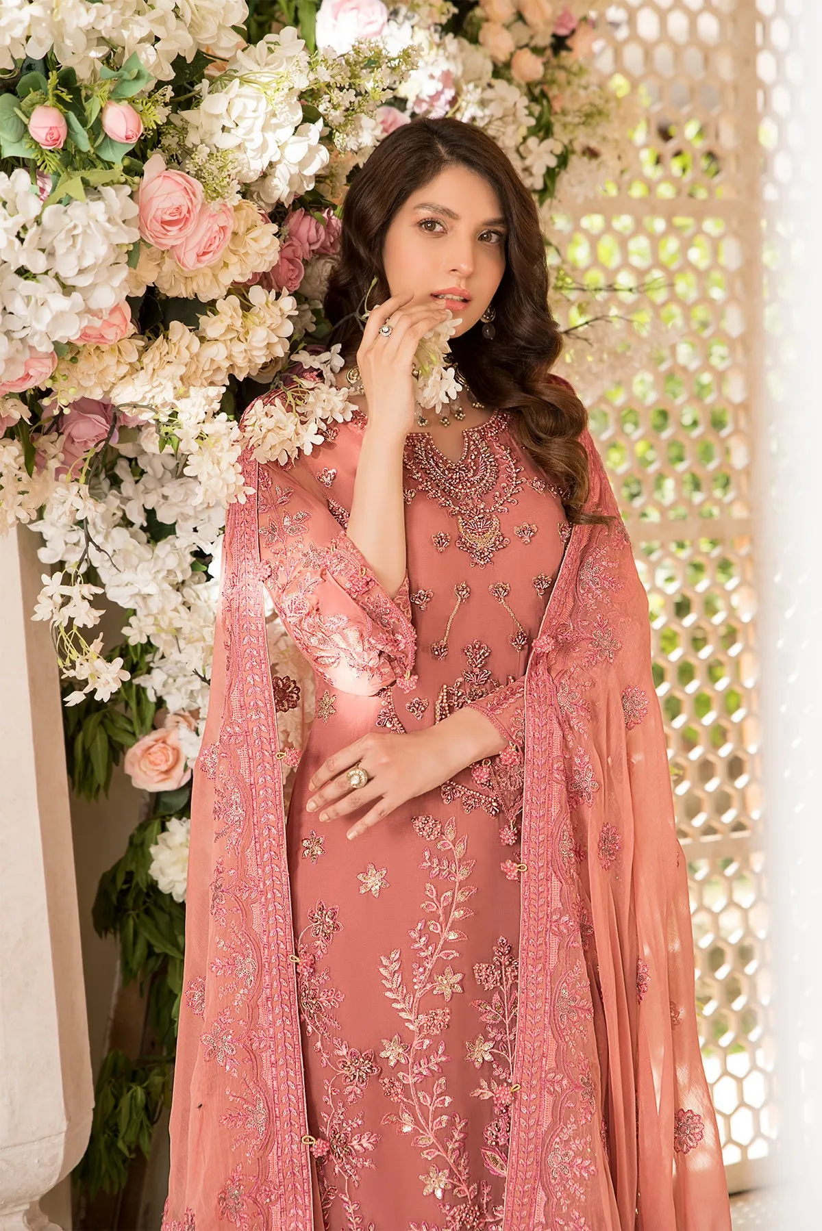 Luxury Tea Pink Embroidered Pakistani Salwar Kameez Dupatta Party Dress