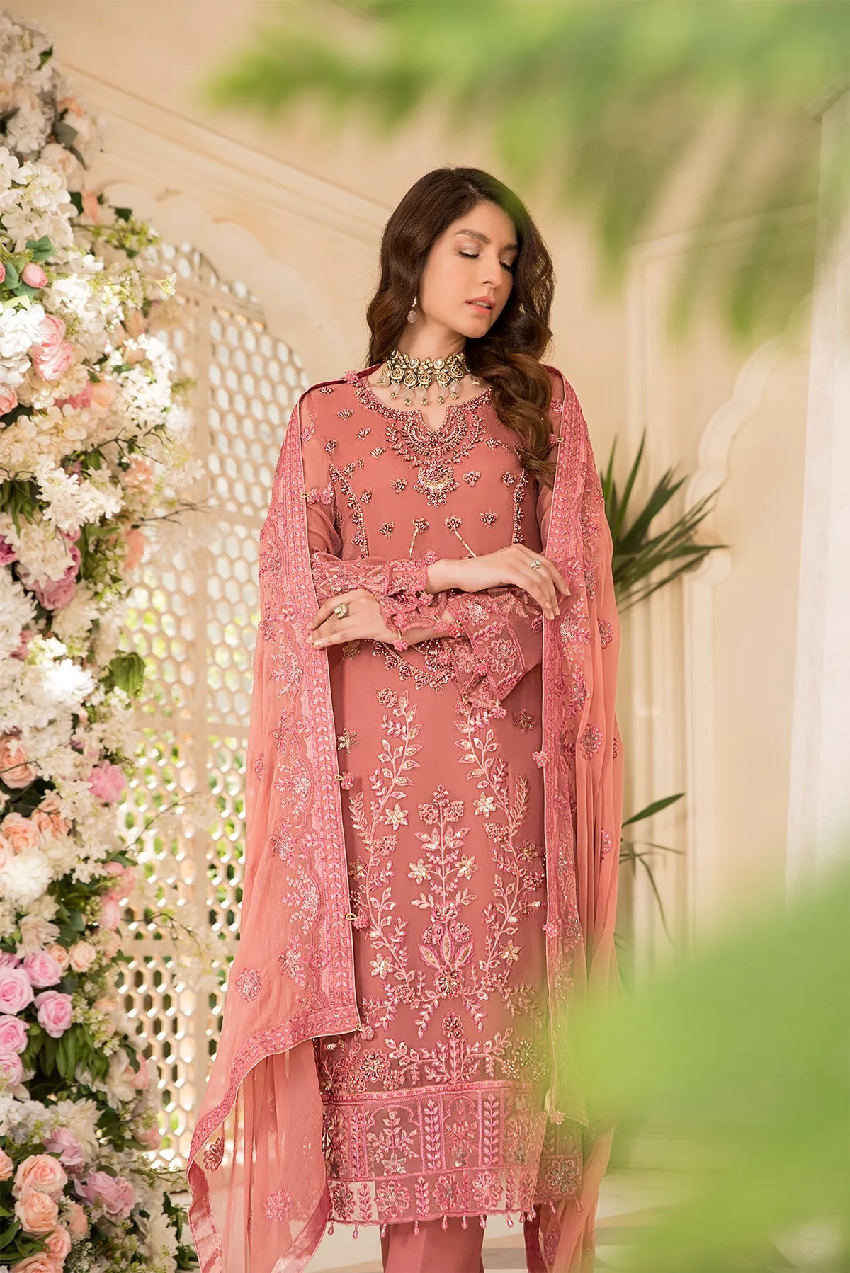 Luxury Tea Pink Embroidered Pakistani Salwar Kameez Dupatta Party Dress
