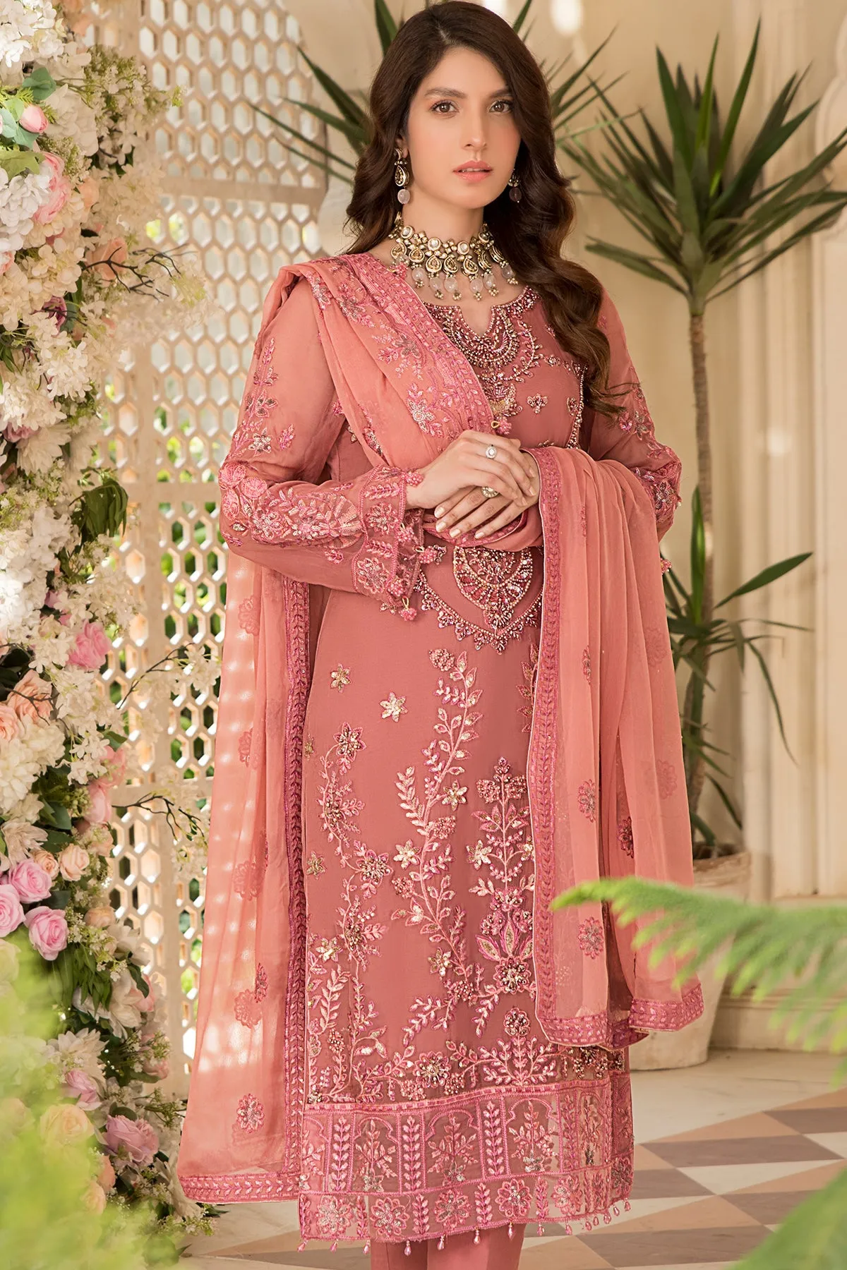 Luxury Tea Pink Embroidered Pakistani Salwar Kameez Dupatta Party Dress