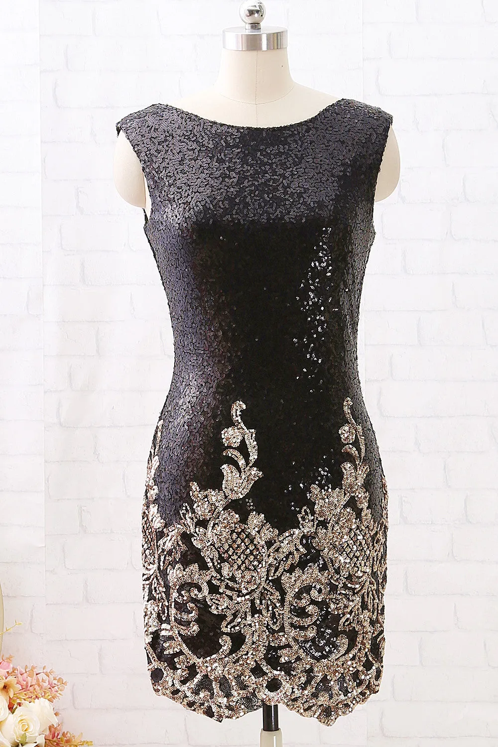 MACloth Boat Neck Sequin Open Back Black Cocktail Dress Short Party Dress Lily