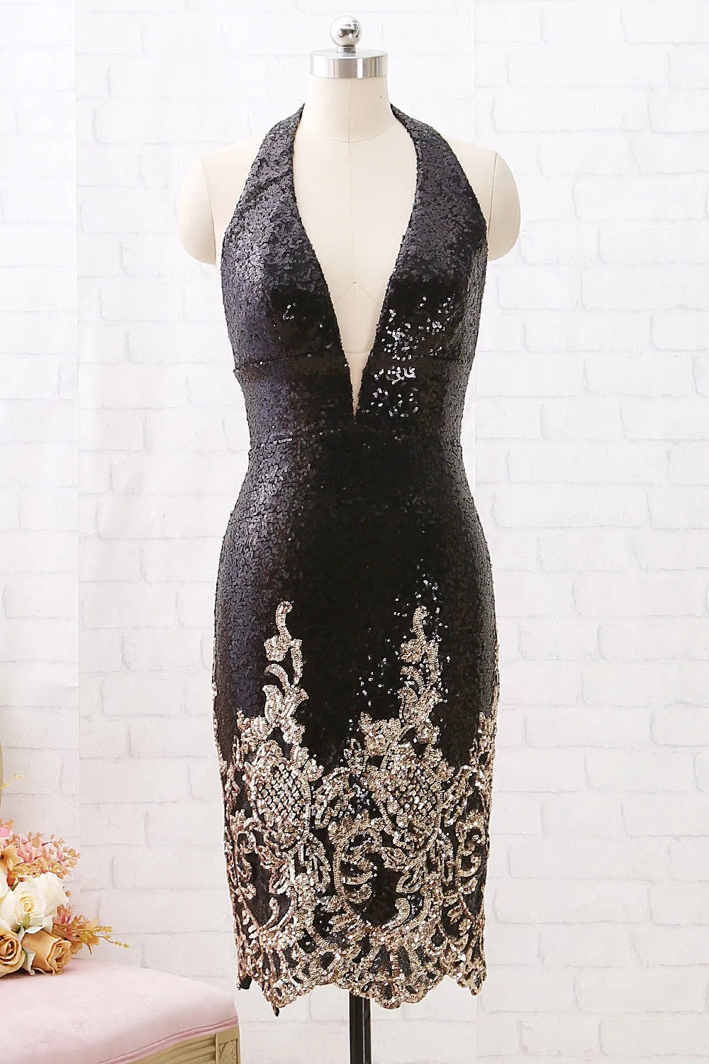 MACloth Halter V Neck Sequin Open Back Black Cocktail Dress Short Party Dress Lily