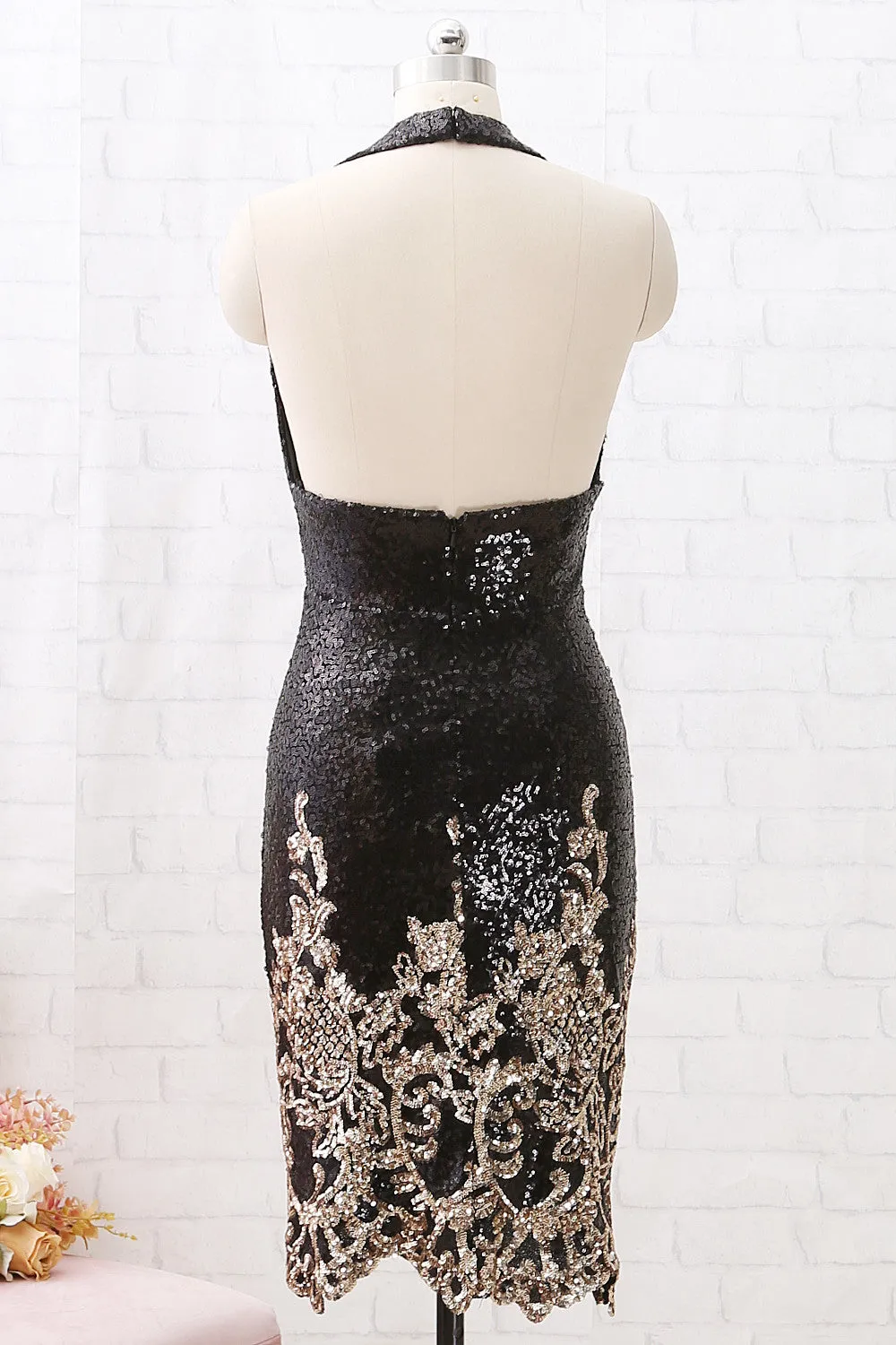 MACloth Halter V Neck Sequin Open Back Black Cocktail Dress Short Party Dress Lily