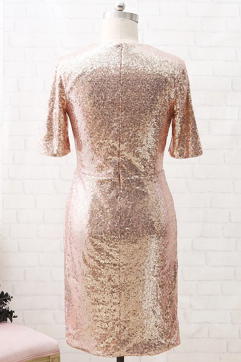 MACloth Short Sleeves V Neck Sequin Short Formal Party Dress Rose Gold Cocktail Dress