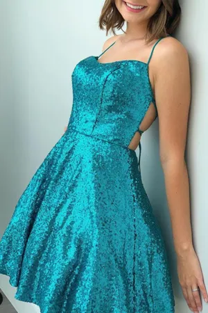 MACloth Spaghetti Straps Sequin Mini Prom Homecoming Dress Turquoise Cocktail Party Dress