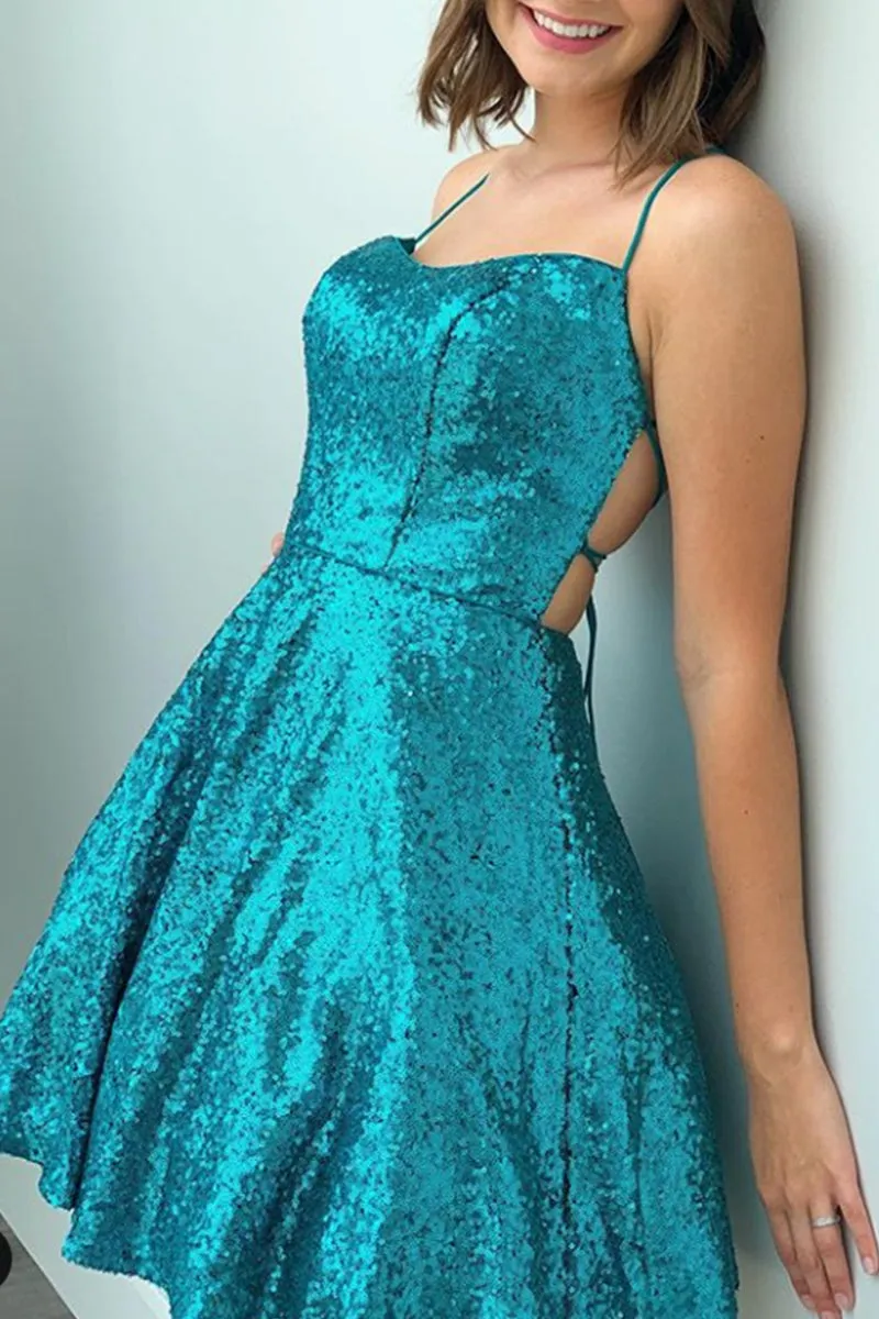 MACloth Spaghetti Straps Sequin Mini Prom Homecoming Dress Turquoise Cocktail Party Dress