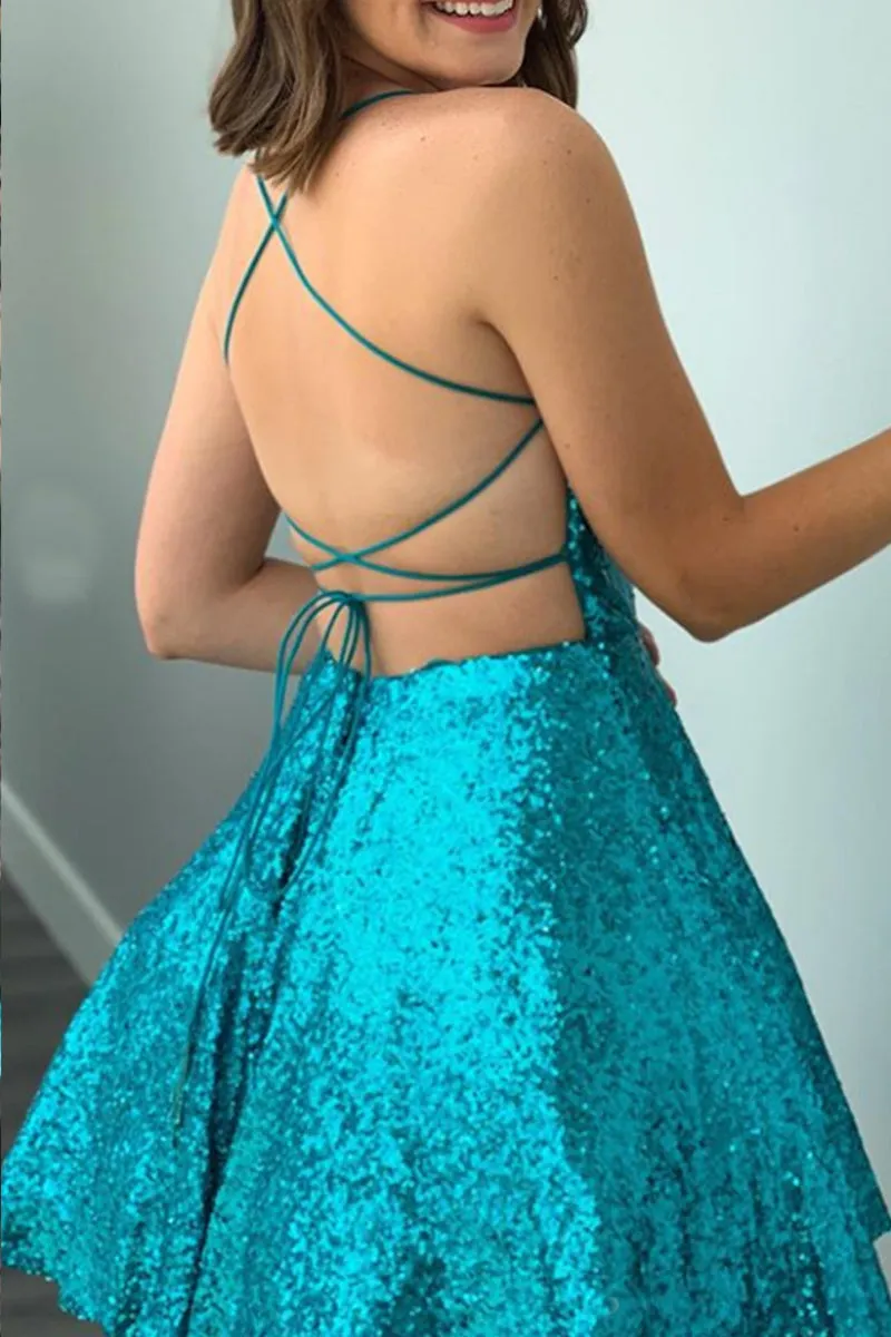 MACloth Spaghetti Straps Sequin Mini Prom Homecoming Dress Turquoise Cocktail Party Dress