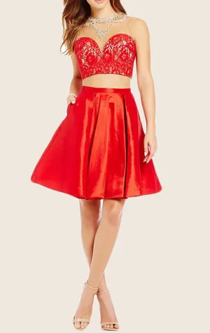 MACloth Two Piece Lace Taffeta Short Prom Homecoming Dress