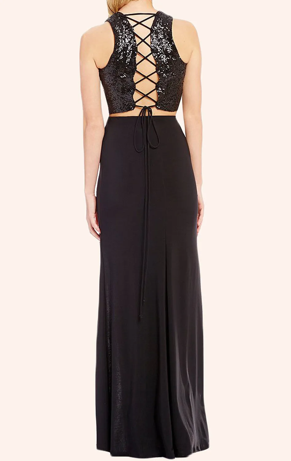 MACloth Two Piece Sequin Jersey Long Prom Dress Black Formal Gown