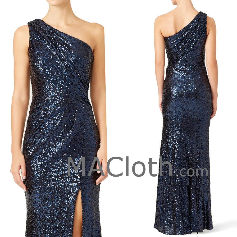 MACloth Women Mermaid One Shoulder Sequin Dark Navy Long Evening Formal Gown with Slit