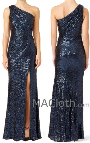 MACloth Women Mermaid One Shoulder Sequin Dark Navy Long Evening Formal Gown with Slit
