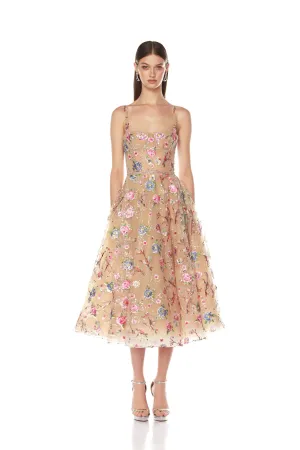 Mademoiselle Embroidered Midi Dress - Gold Floral