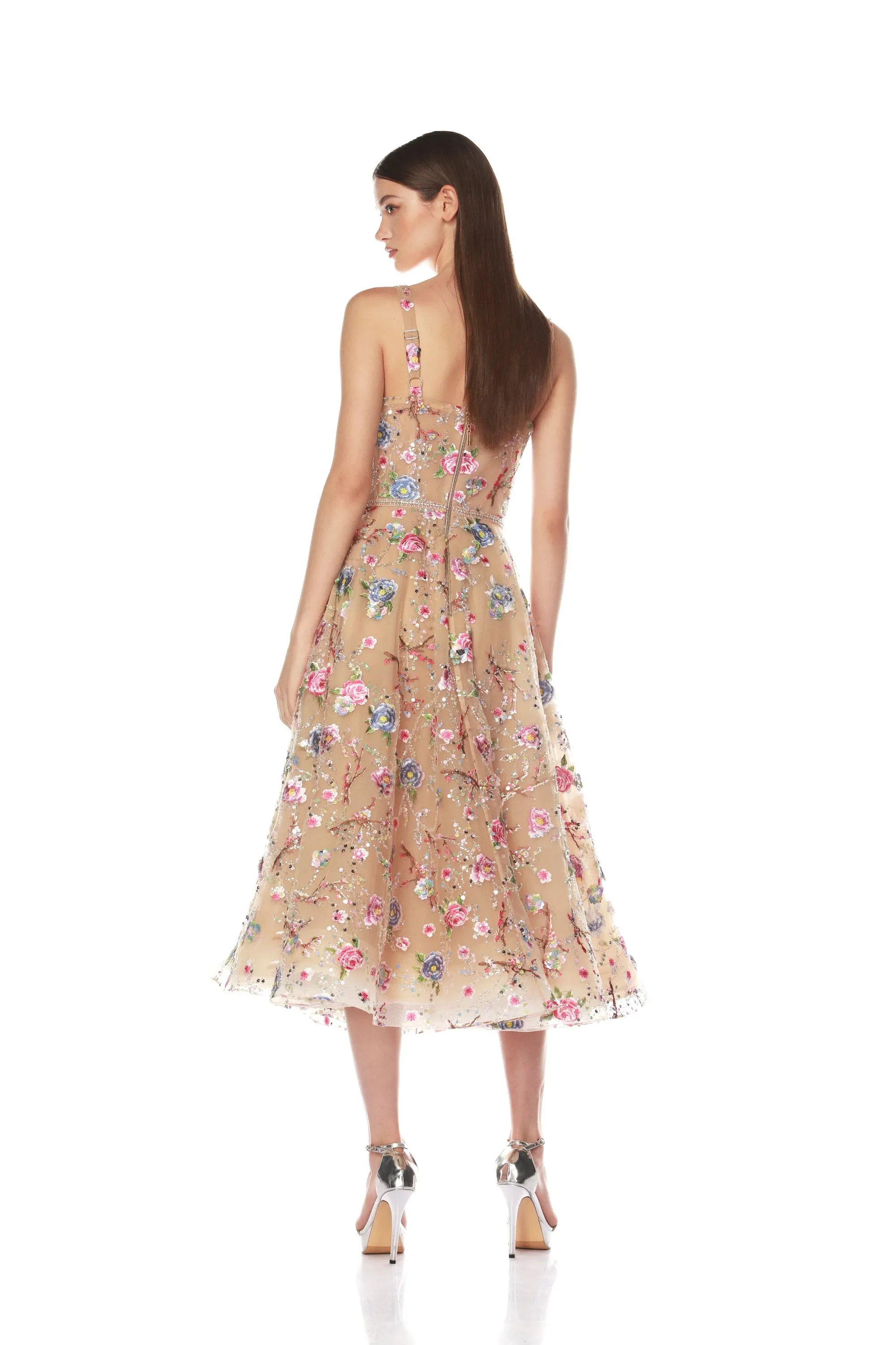 Mademoiselle Embroidered Midi Dress - Gold Floral