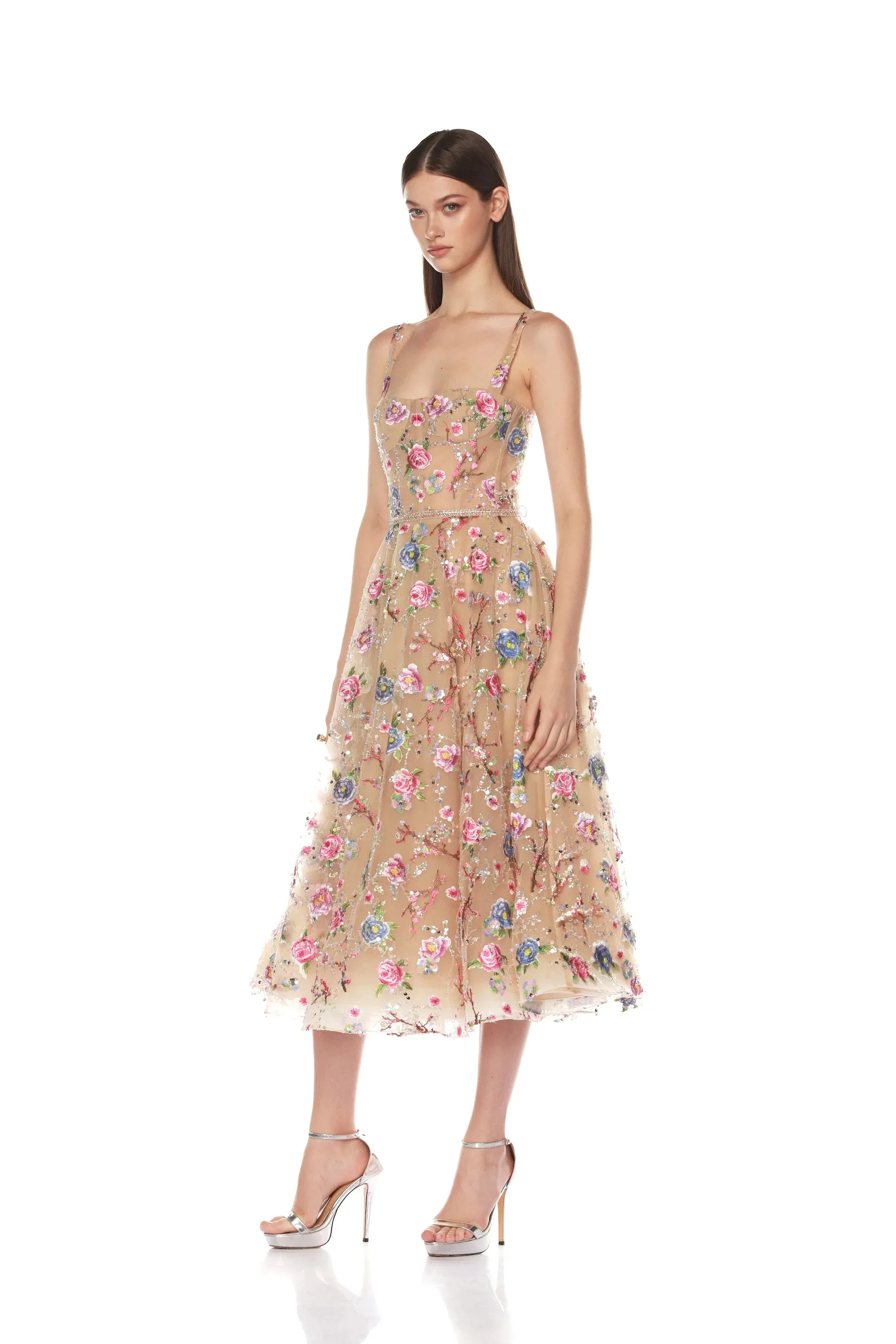 Mademoiselle Embroidered Midi Dress - Gold Floral