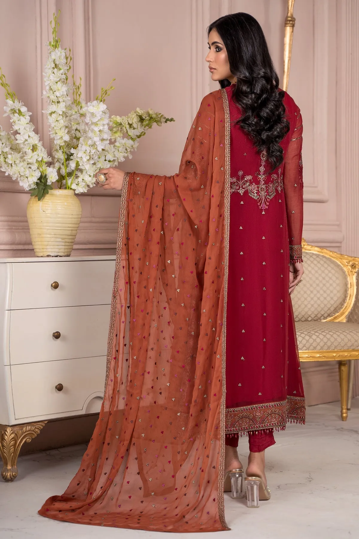 Maria B Red Pakistani Long Kameez Capri Party wear