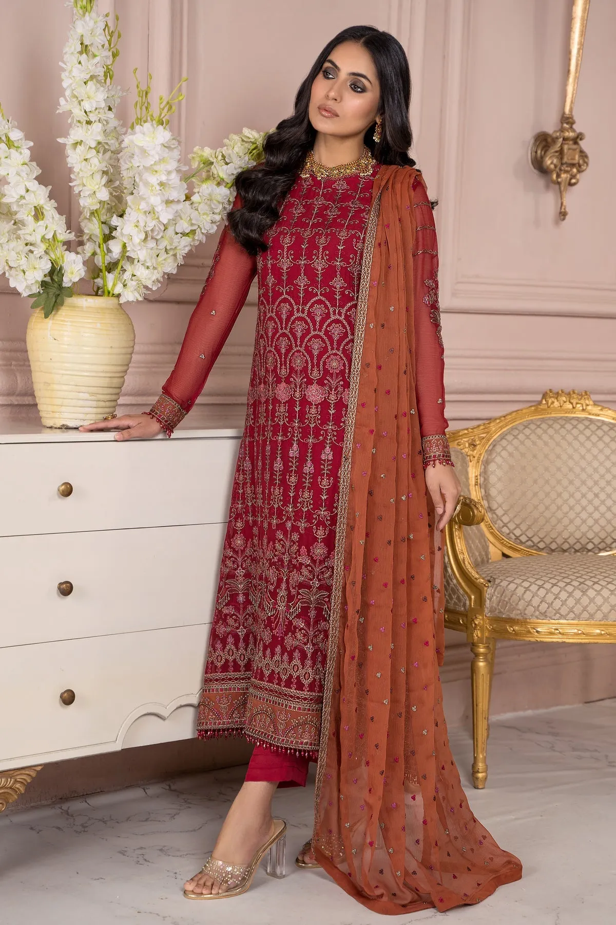 Maria B Red Pakistani Long Kameez Capri Party wear
