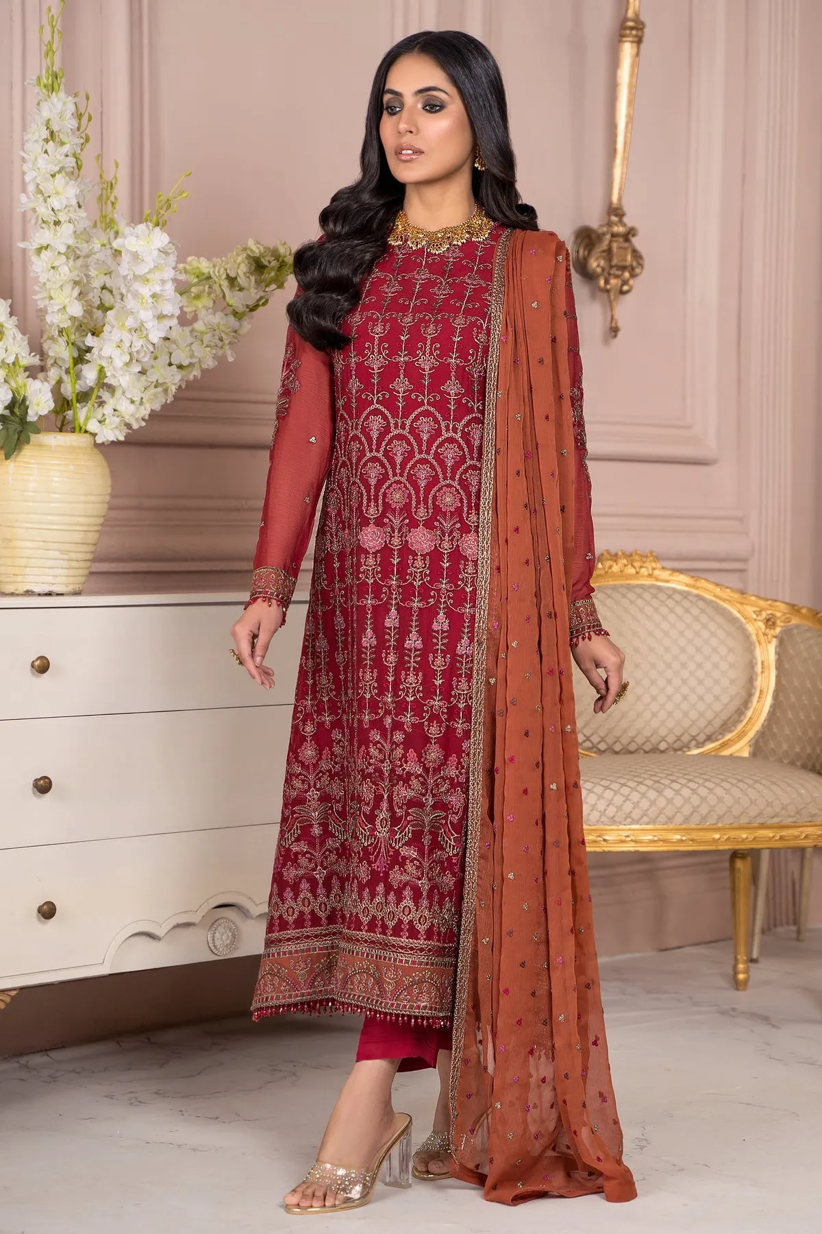 Maria B Red Pakistani Long Kameez Capri Party wear