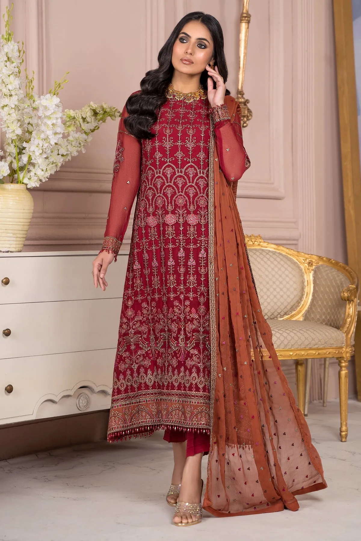 Maria B Red Pakistani Long Kameez Capri Party wear