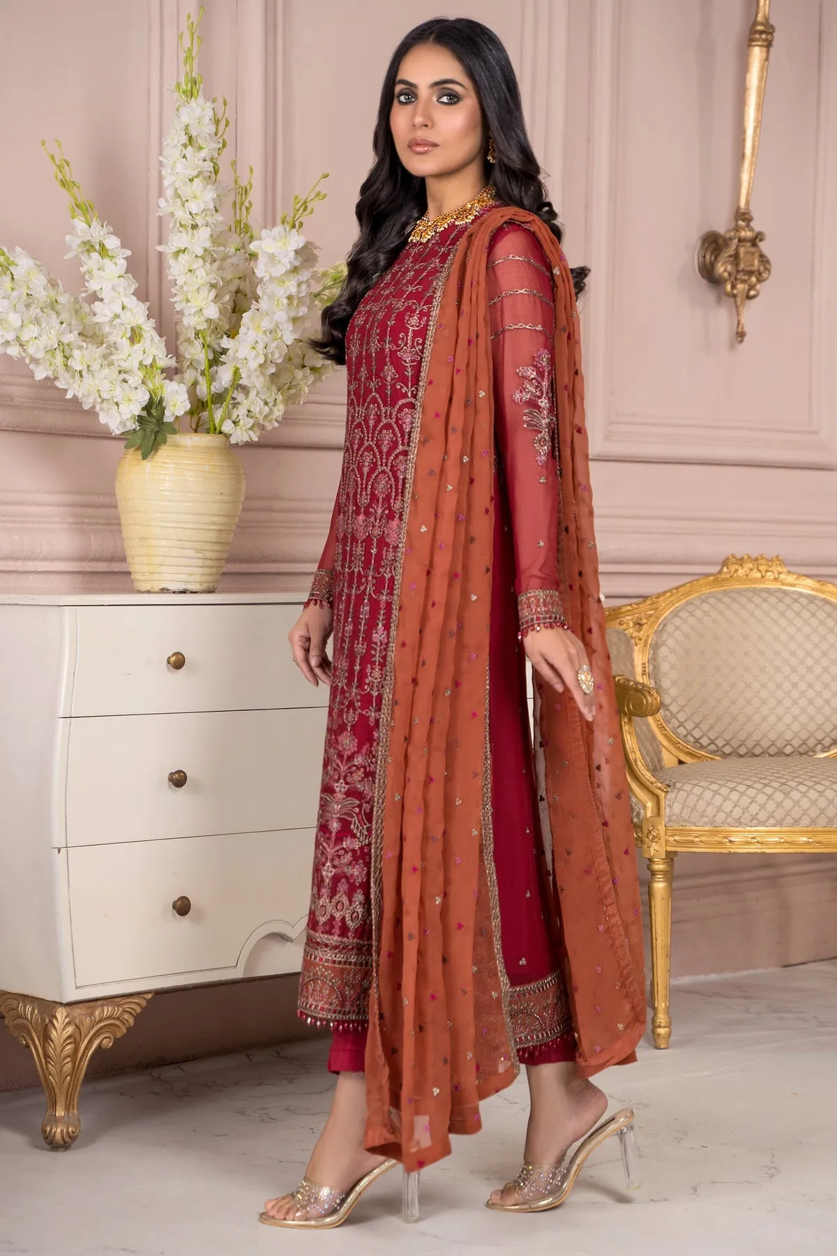 Maria B Red Pakistani Long Kameez Capri Party wear
