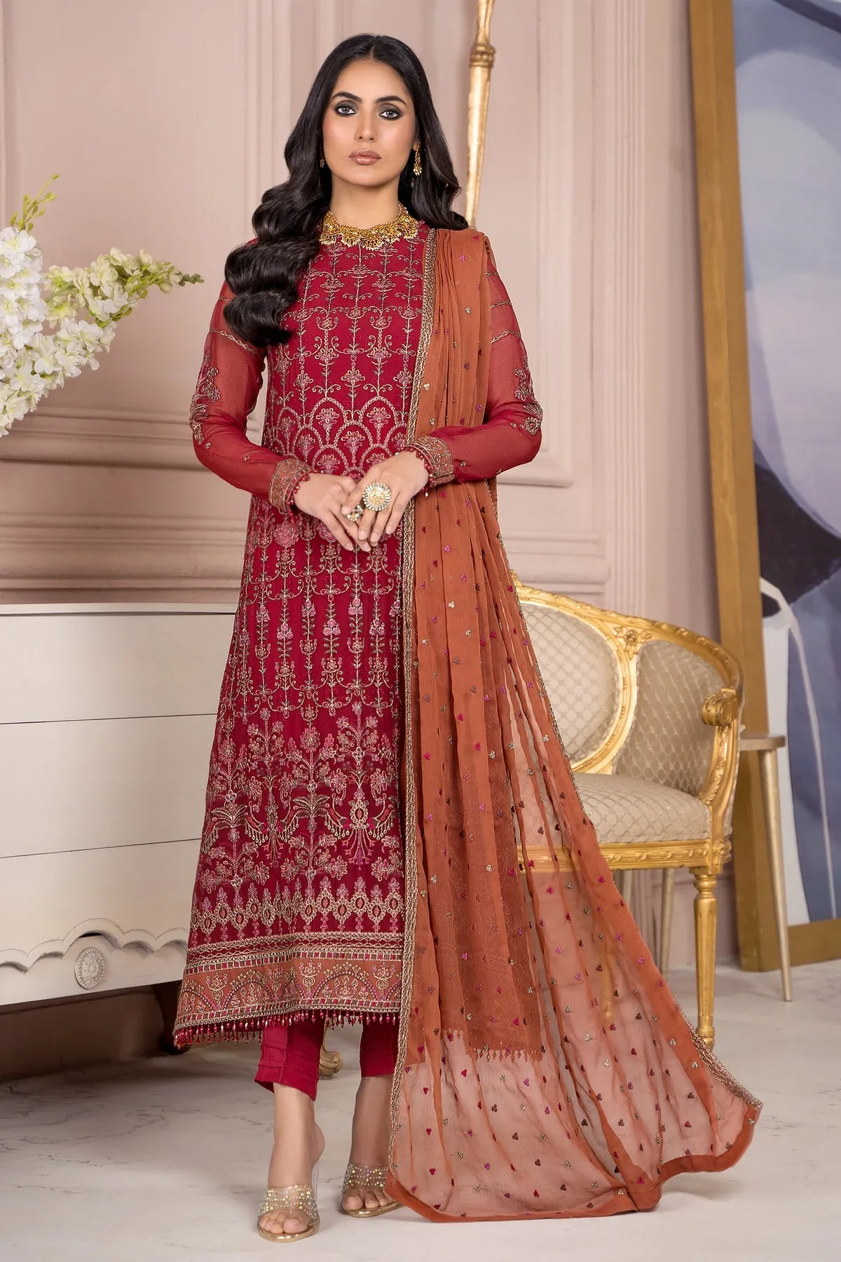 Maria B Red Pakistani Long Kameez Capri Party wear
