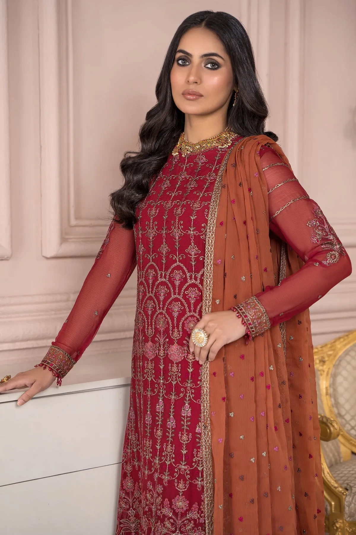 Maria B Red Pakistani Long Kameez Capri Party wear