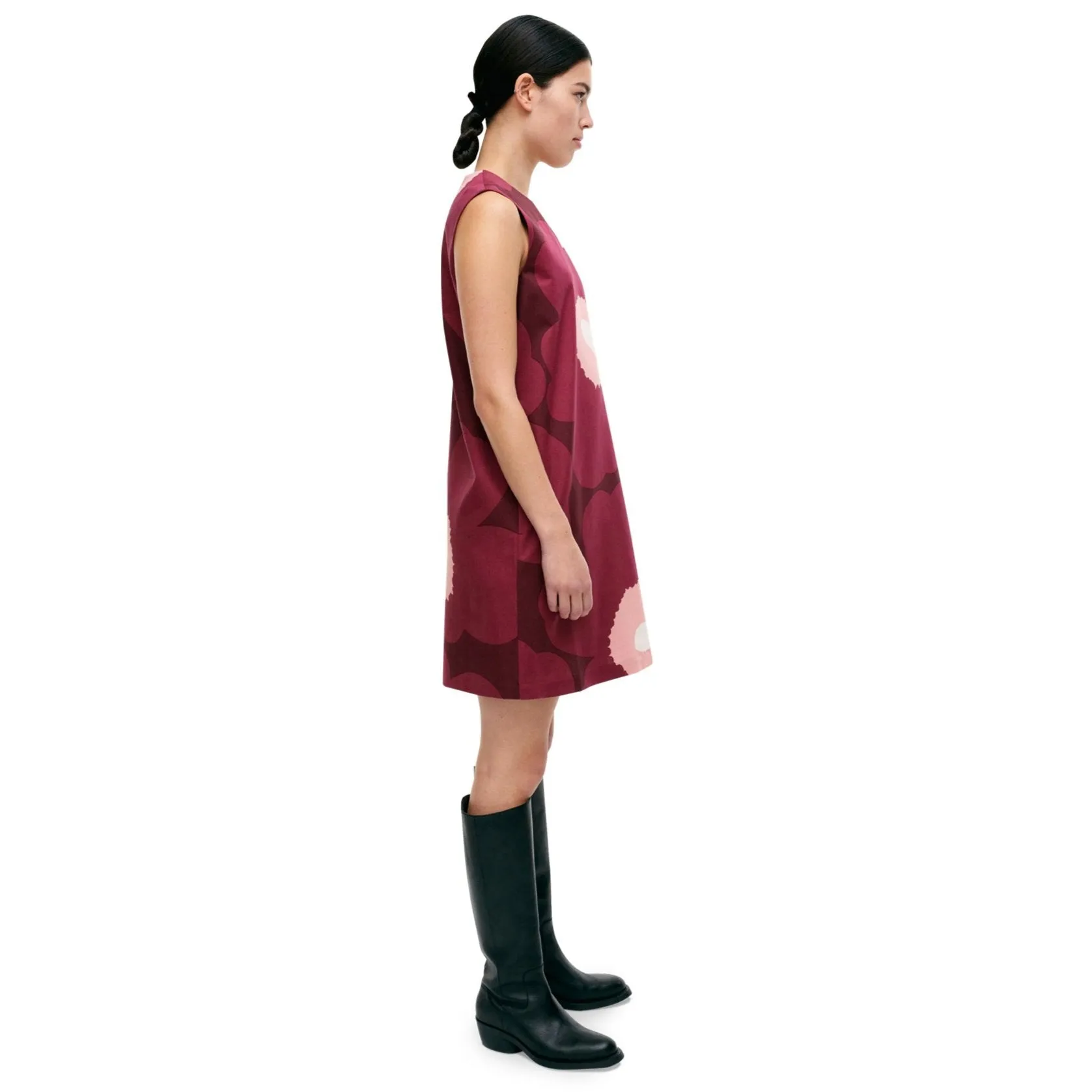 Marimekko Siluetti Unikko Cotton Satin Dress, Pink & Burgandy
