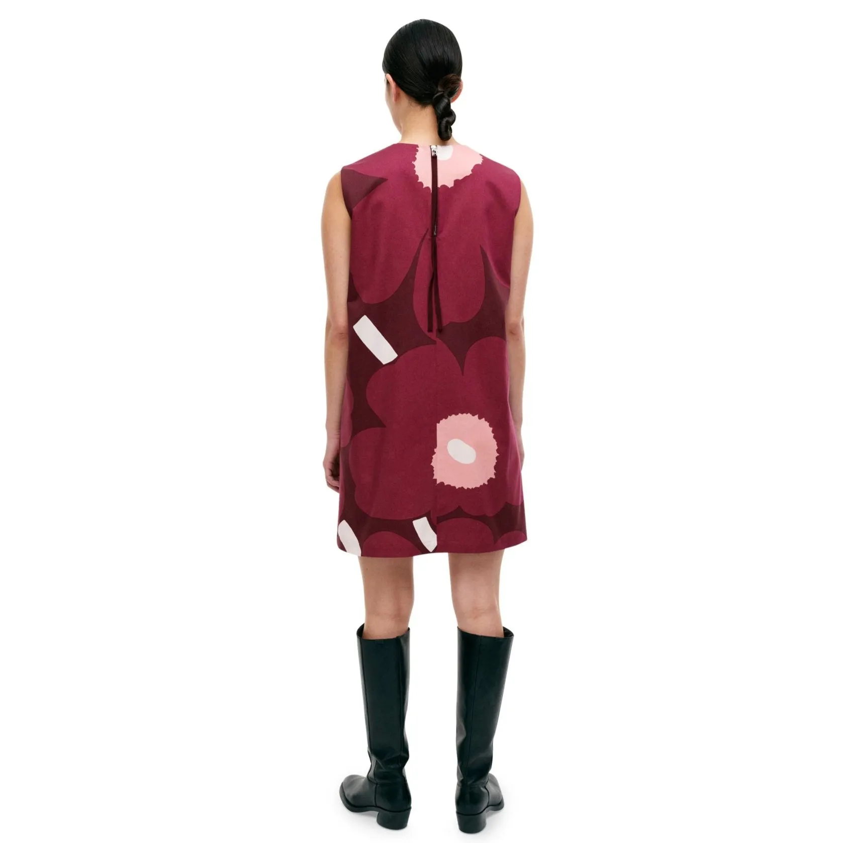 Marimekko Siluetti Unikko Cotton Satin Dress, Pink & Burgandy