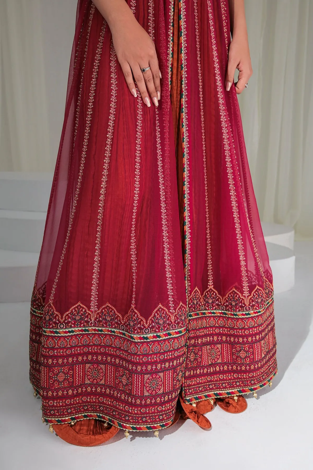 Maroon Colored Golden Heavily Embroidered Pishwas Style Party Dress