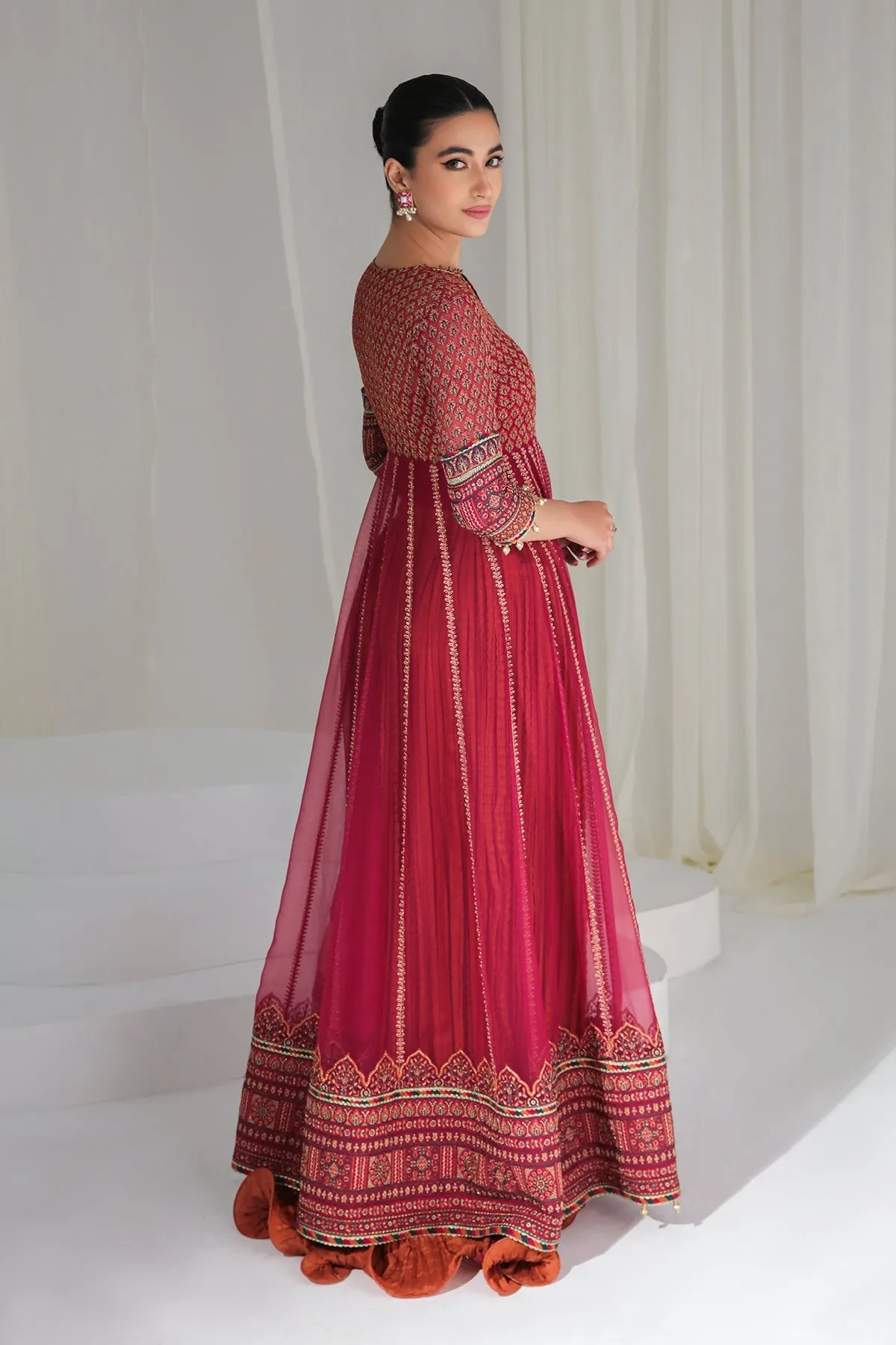 Maroon Colored Golden Heavily Embroidered Pishwas Style Party Dress