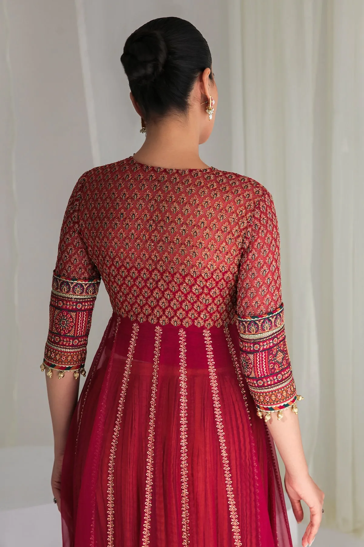 Maroon Colored Golden Heavily Embroidered Pishwas Style Party Dress