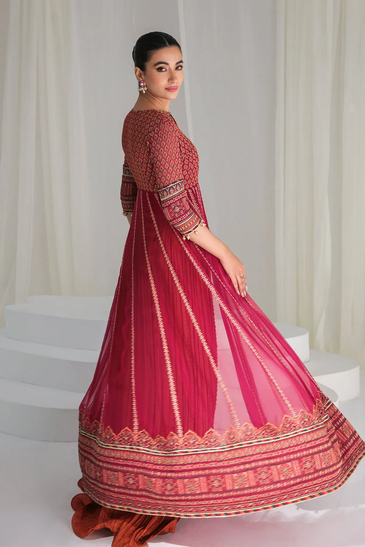 Maroon Colored Golden Heavily Embroidered Pishwas Style Party Dress