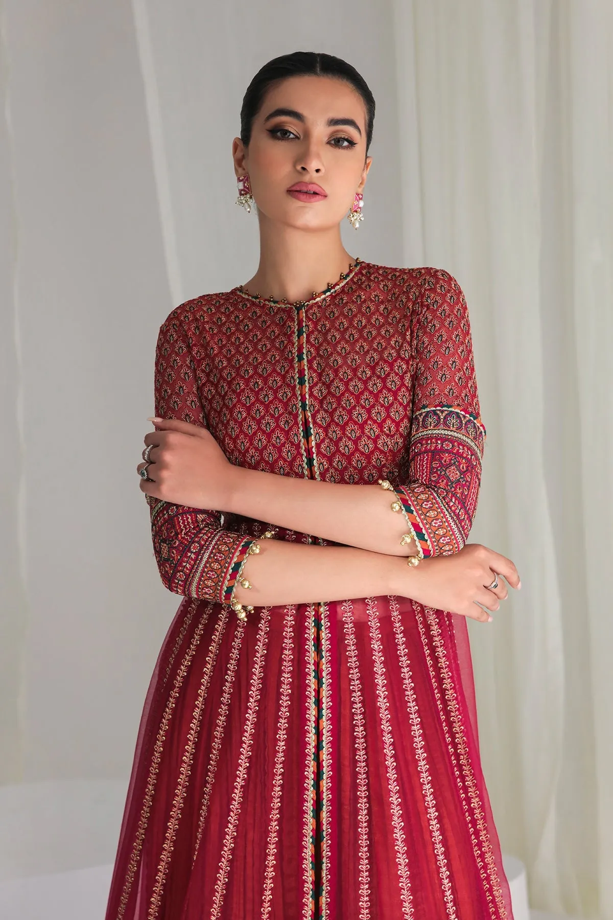 Maroon Colored Golden Heavily Embroidered Pishwas Style Party Dress