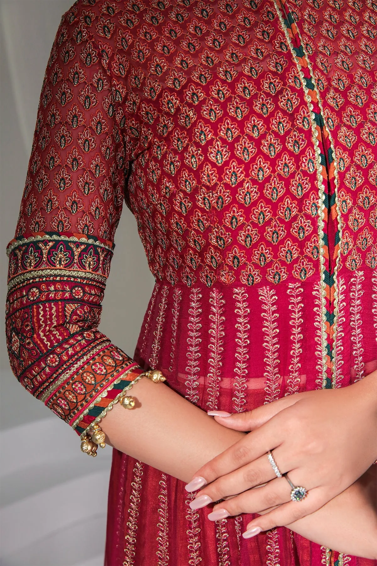 Maroon Colored Golden Heavily Embroidered Pishwas Style Party Dress