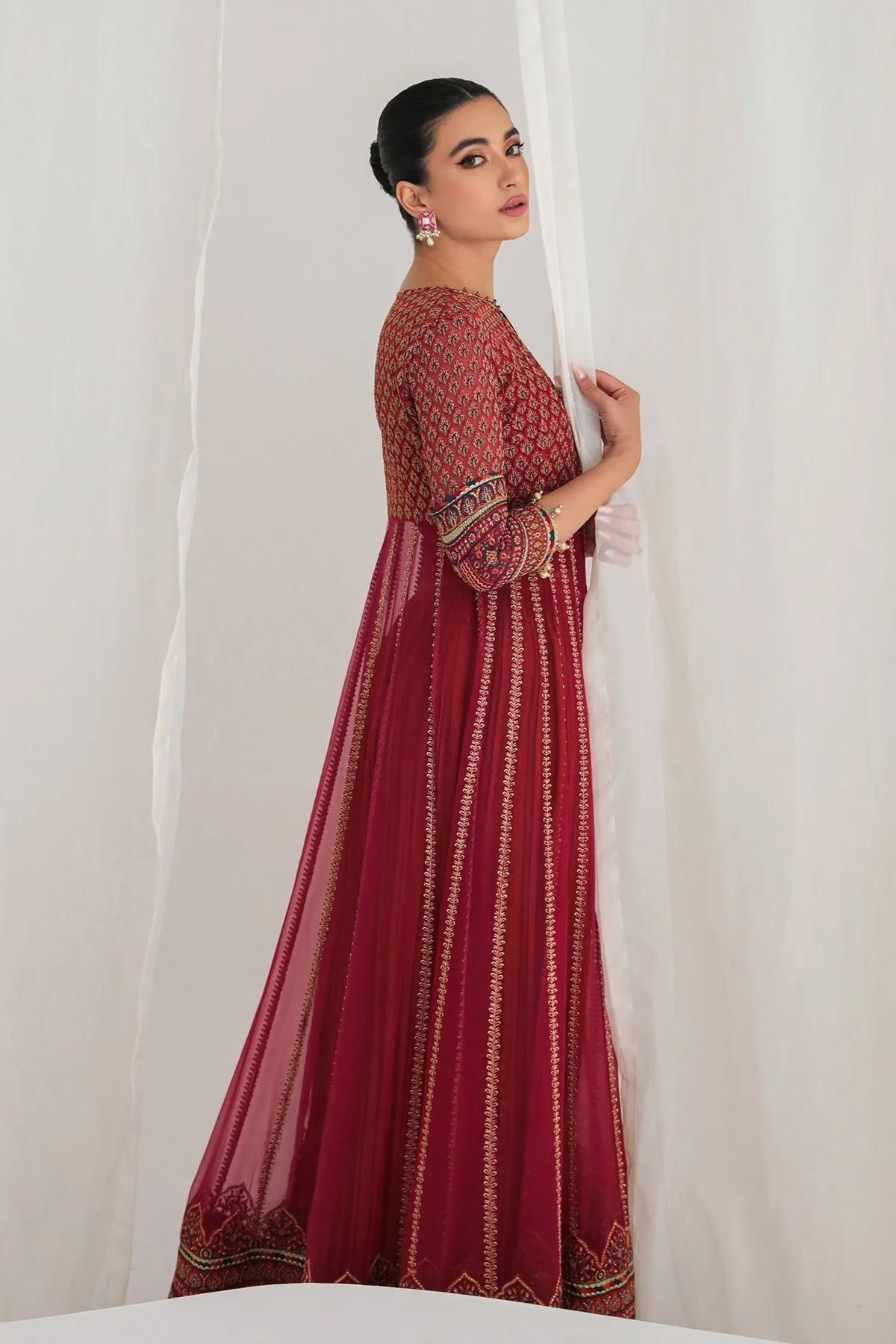 Maroon Colored Golden Heavily Embroidered Pishwas Style Party Dress