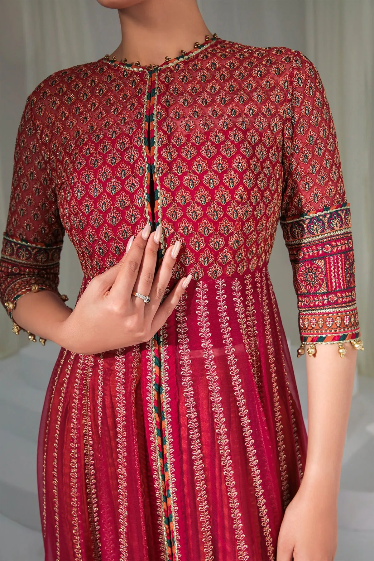 Maroon Colored Golden Heavily Embroidered Pishwas Style Party Dress