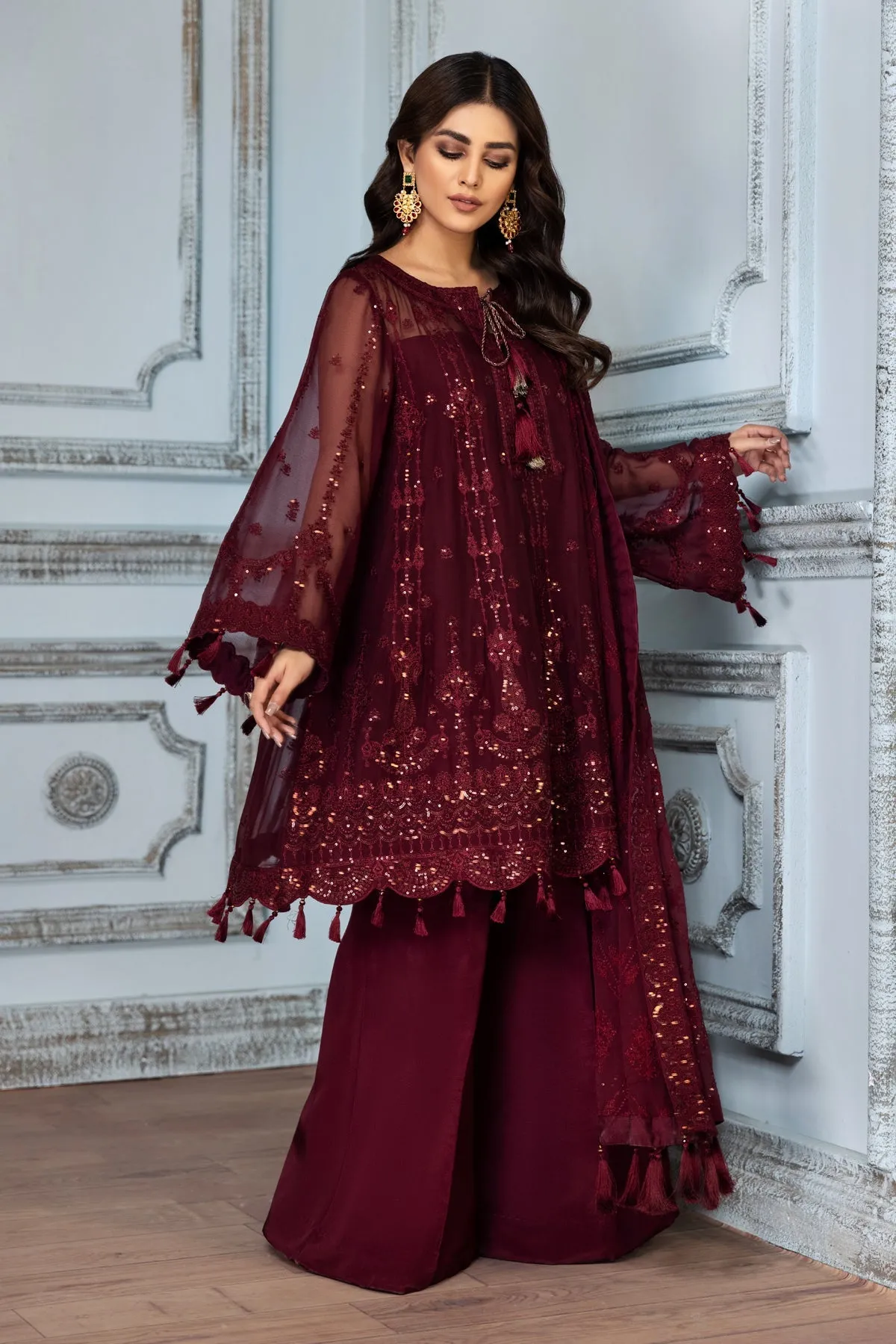Maroon Net Heavily Embroidered Pakistani Gown Style Party Dress