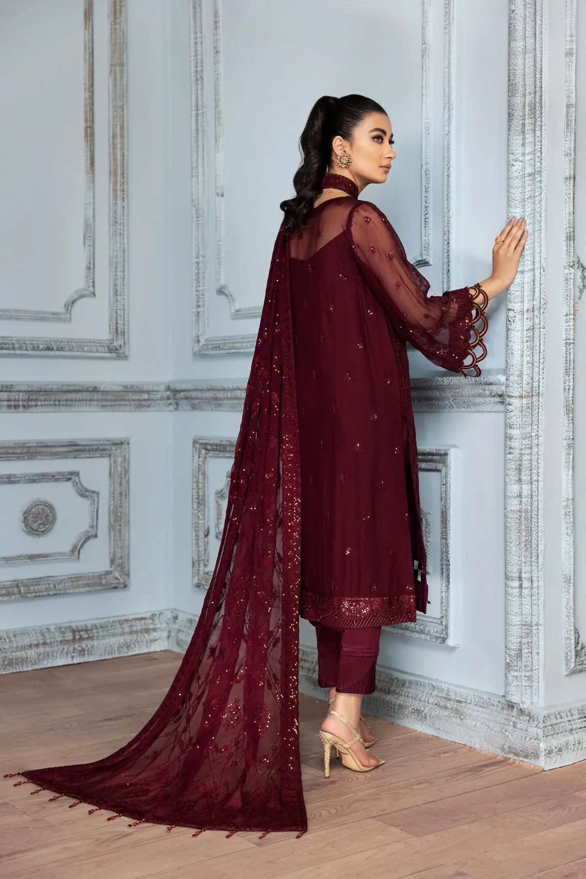 Maroon Net Heavily Embroidered Pakistani Gown Style Party Dress