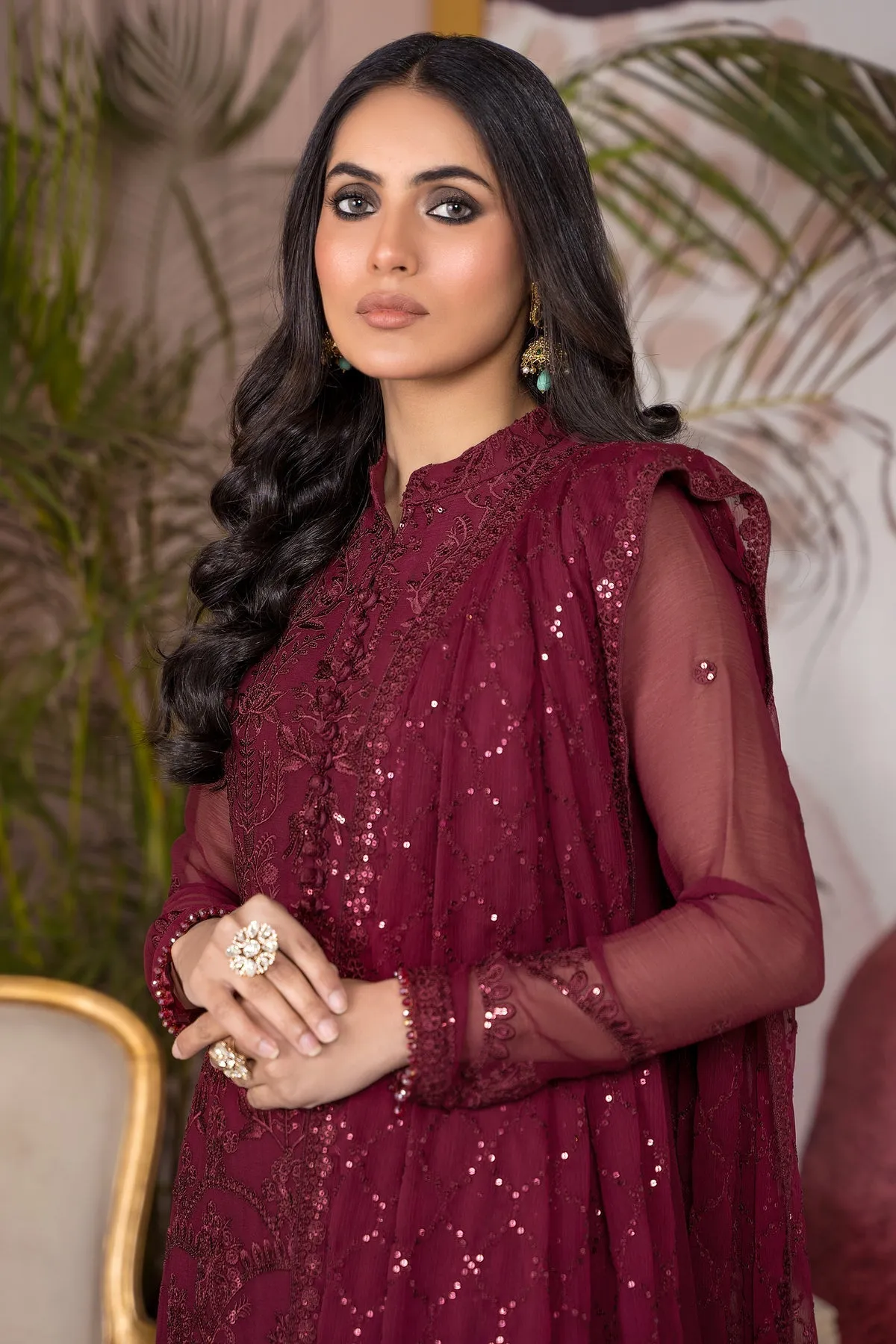 Maroon Pakistani Embroidered Kameez Trousers Party Dress